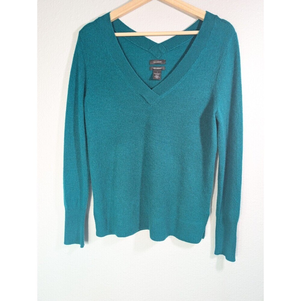 Halogen 100% Cashmere V‎ Neck Sweater Green Size Small